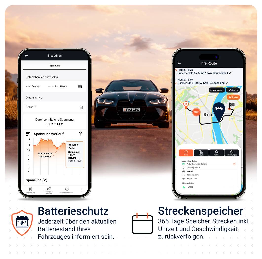 Werbegrafik für eine Auto-App: links Batterieschutz mit Batteriestatus und Spannungsverlauf, rechts Streckenspeicher mit Kartenroute und Fahrdaten; in der Mitte ein Auto im Sonnenuntergang.