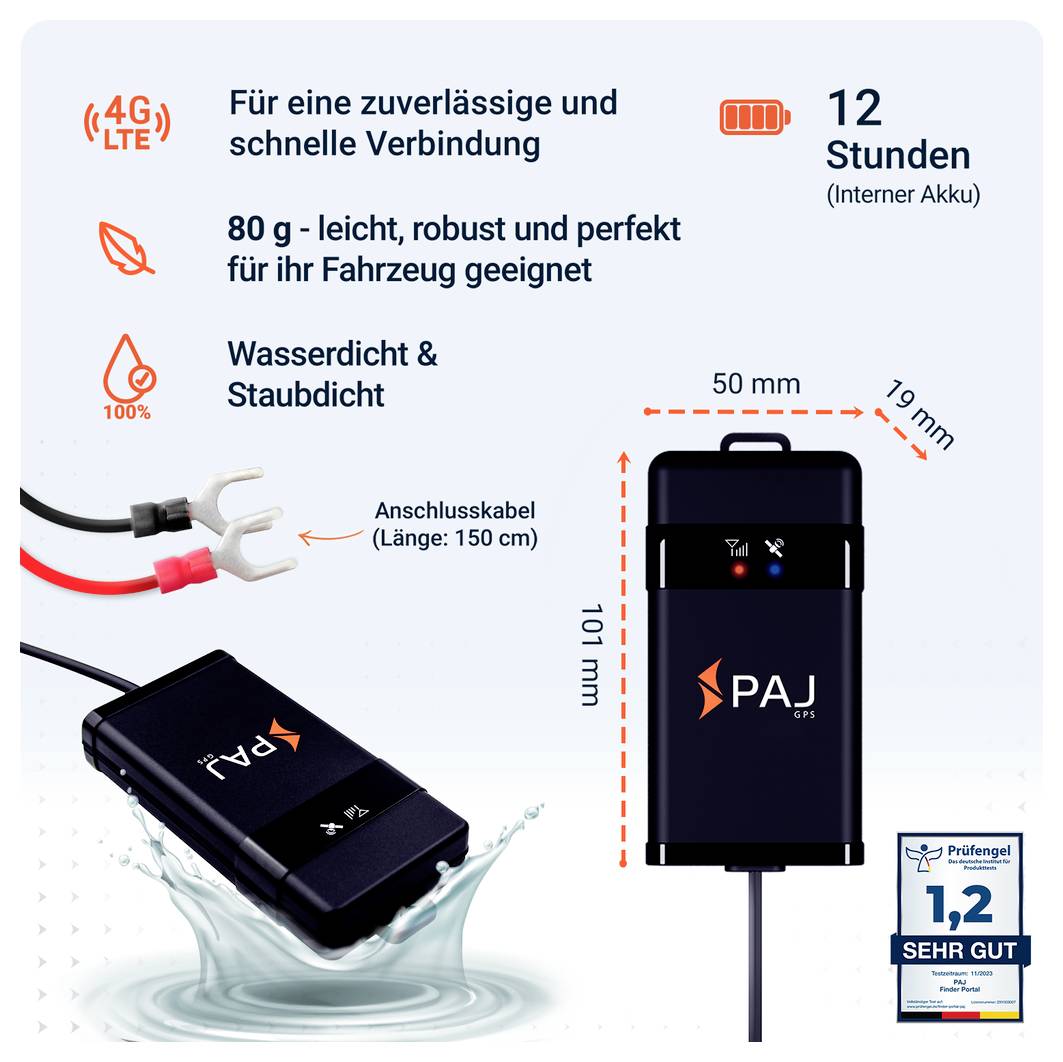 Werbegrafik für ein PAJ-GPS-Gerät: 4G/LTE, 12 Stunden Akku, 80 g, wasserdicht und staubdicht, 101 x 50 x 19 mm, Anschlusskabel 150 cm.