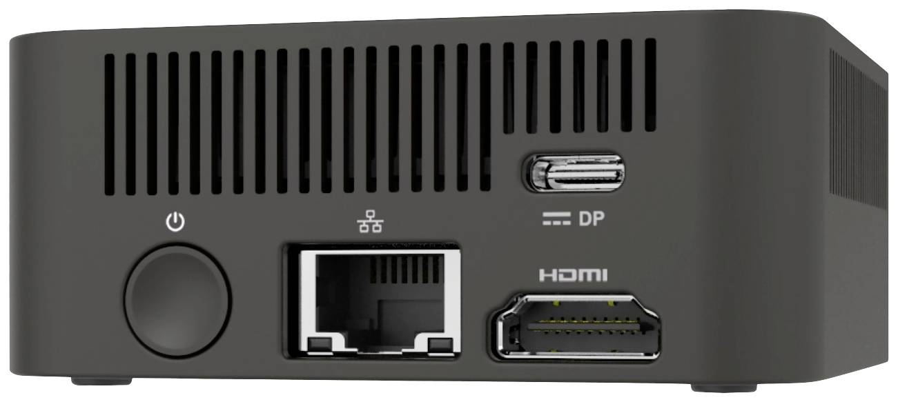 Ein kompakter schwarzer Mini-PC mit Anschlüssen: Strom, Ethernet, HDMI und DisplayPort auf der Vorderseite.