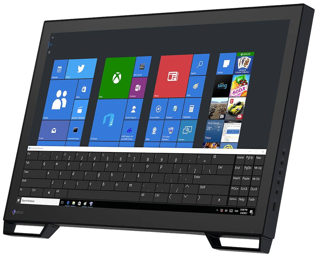 Der Bildschirm zeigt die Windows-Benutzeroberfläche mit Kacheln für Anwendungen und einer virtuellen Tastatur.