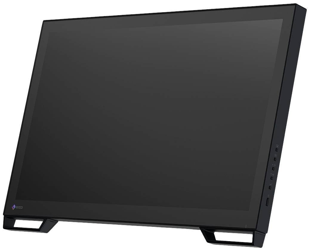Ein schwarzer, ergonomisch geneigter Computermonitor mit schmalem Rahmen, geeignet für den Einsatz in professionellen Umgebungen.