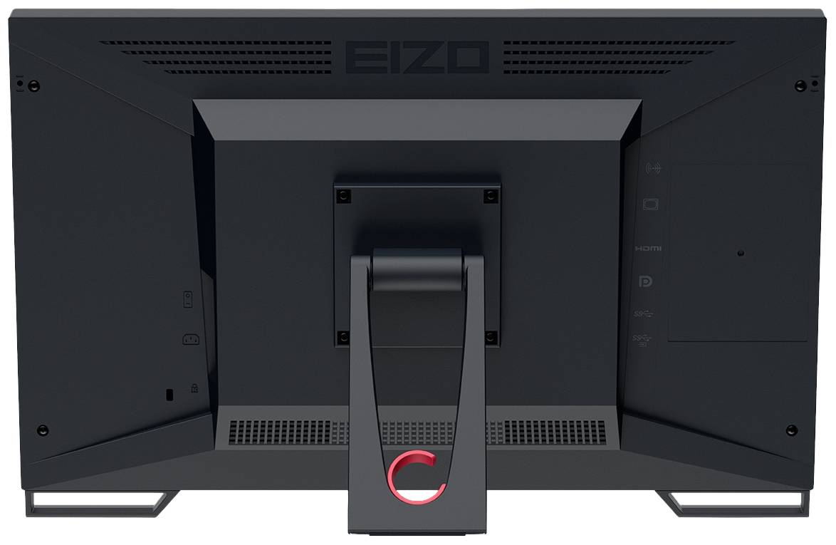 Ein Monitor von hinten mit zentralem Standfuß und Lüftungsschlitzen. Das Markenzeichen oben ist sichtbar, seitliche Anschlüsse sind angedeutet.