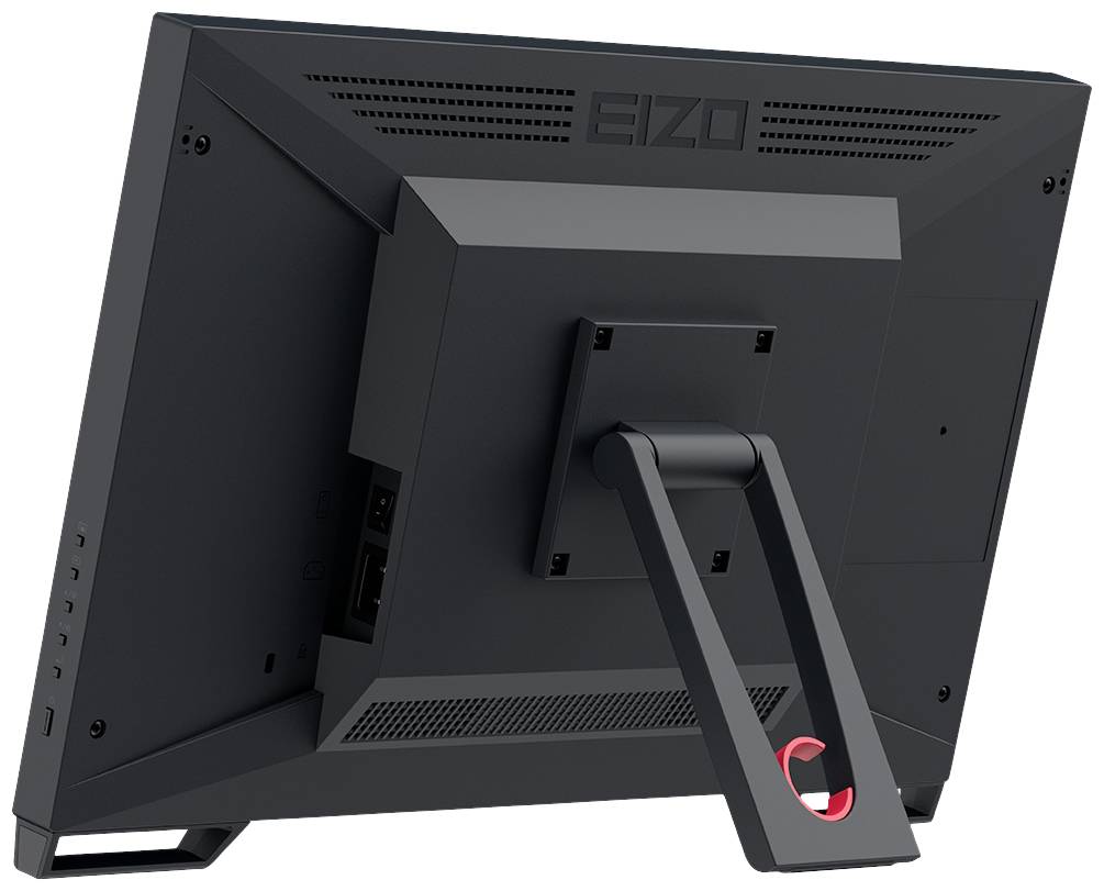 Ein schwarzer Computerbildschirm von hinten, mit einem stabilen Standfuß und mehreren Anschlüssen auf der Rückseite.
