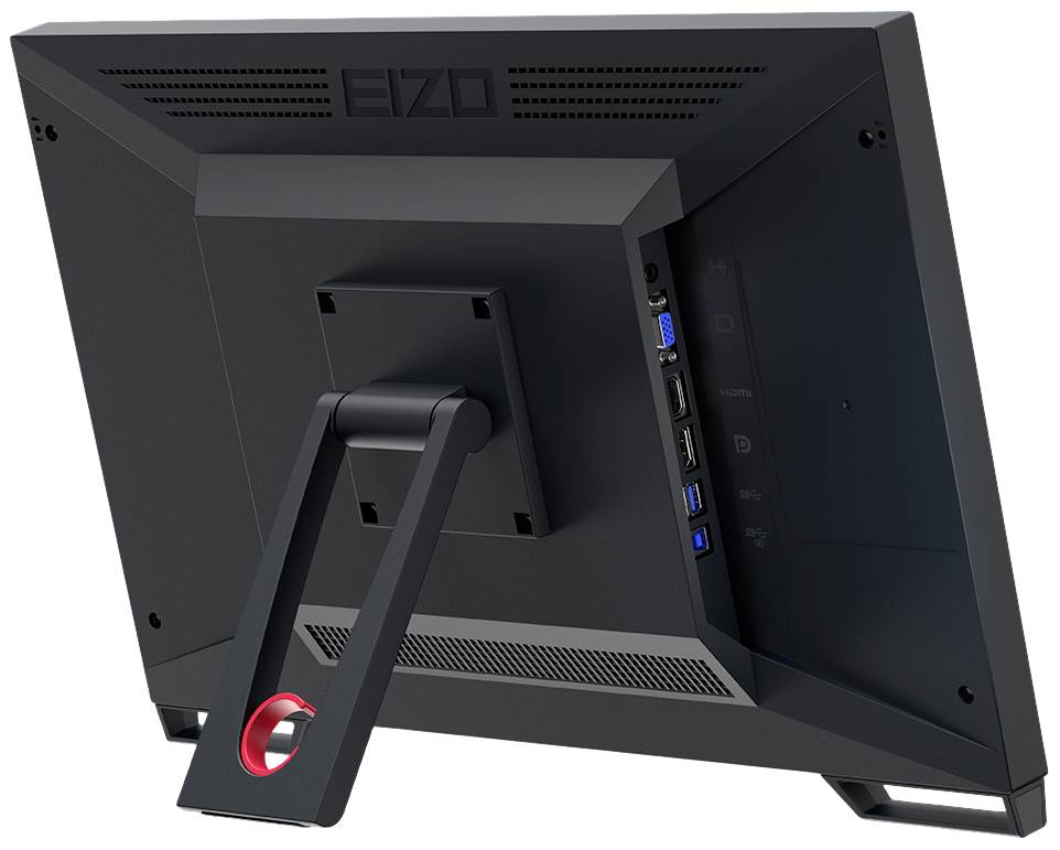Ein schwarzer Computerbildschirm von hinten, zeigt die Standfußhalterung und mehrere Anschlüsse auf der rechten Seite.