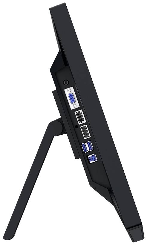 Seitenansicht eines schwarzen Monitors mit Standfuß. Zu sehen sind mehrere Anschlüsse, darunter USB- und VGA-Ports.