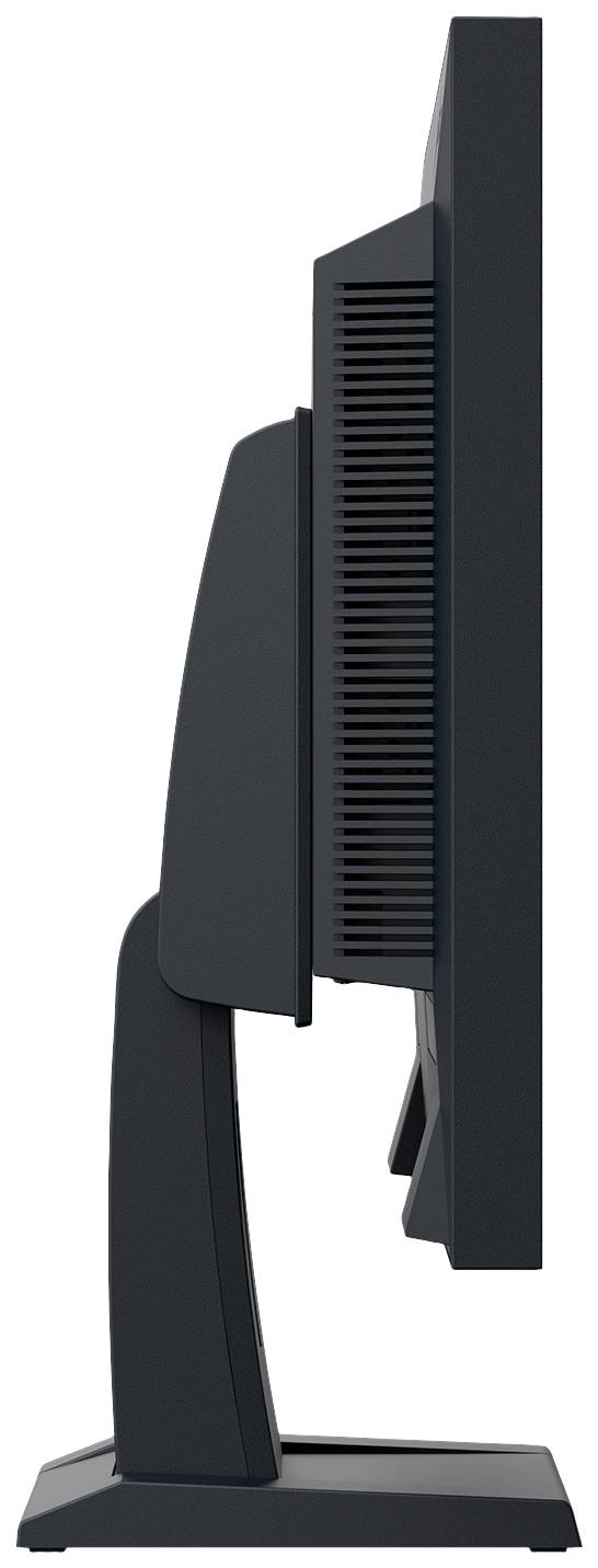 Seitliche Ansicht eines schwarzen Computermonitors mit schmalem Rahmen und stabilem Standfuß.