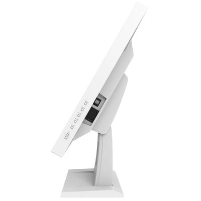 Seitliche Ansicht eines weißen Computer-Monitors auf einem Standfuß, der geneigt ist, mit sichtbaren Anschlüssen und Tasten an der Seite.