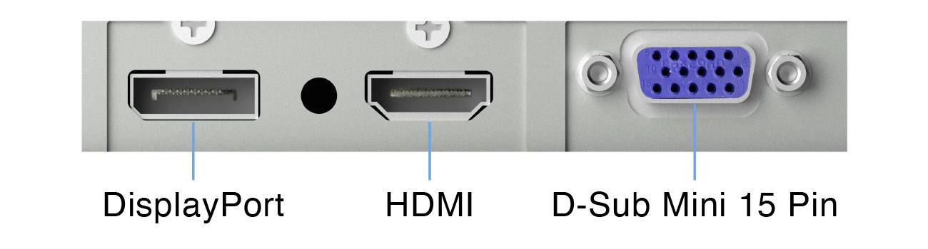 Anschlüsse eines Geräts: Links ein 'DisplayPort', in der Mitte ein 'HDMI', rechts ein 'D-Sub Mini 15 Pin'.