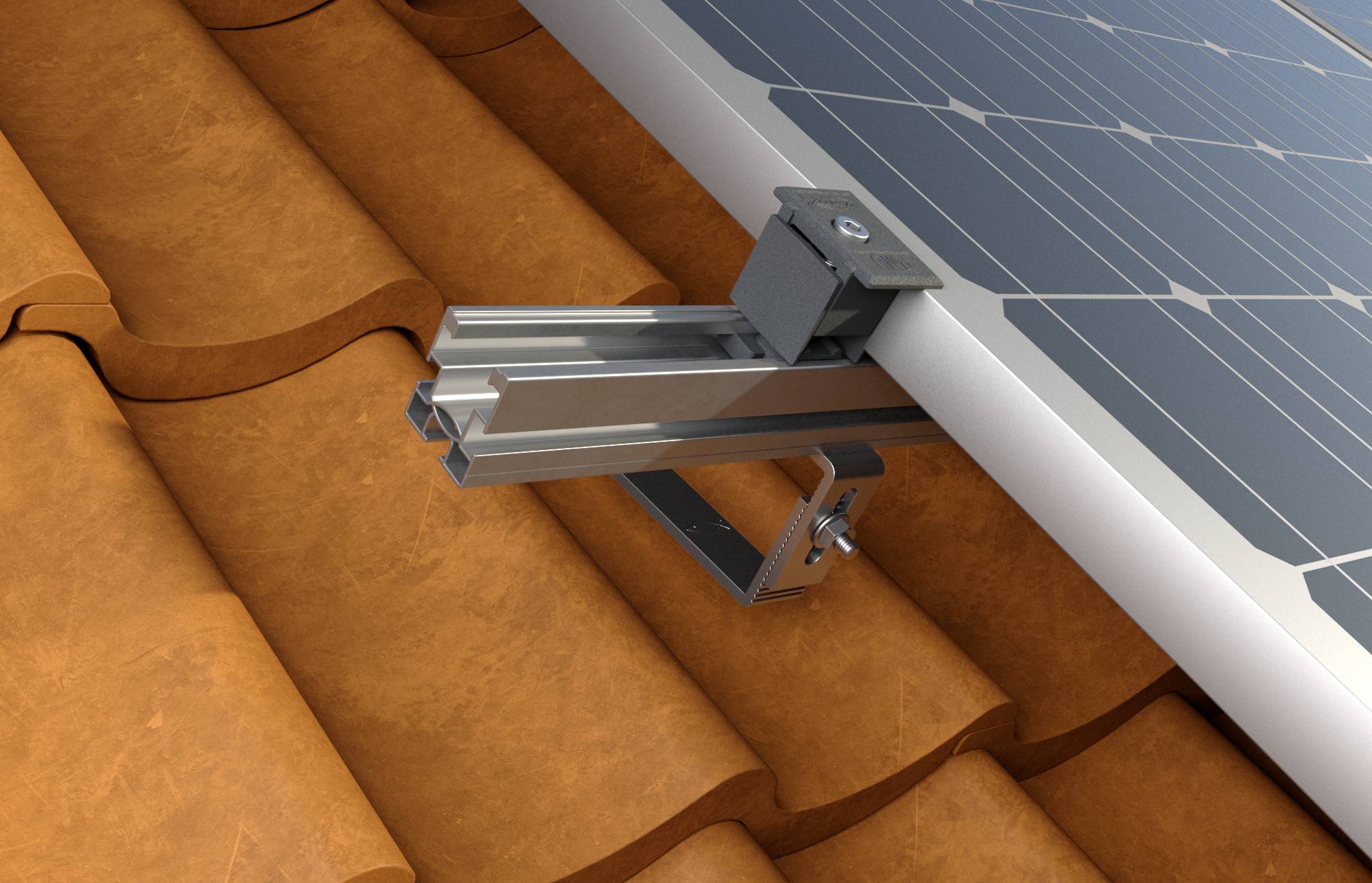 Nahaufnahme einer Solarmodulhalterung, die auf einem Dach mit Terrakottaziegeln befestigt ist, mit Blick auf die Befestigungshardware des Moduls.
