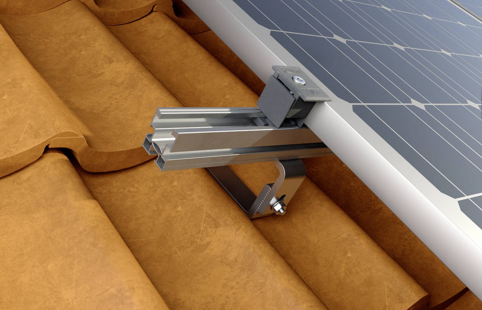 Solarmodulinstallation auf einem Ziegeldach. Nahaufnahme einer Halterung, die das Solarpanel auf den Dachziegeln fixiert.