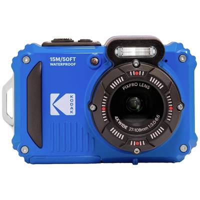 Blaue wasserdichte Kamera mit Schriftzug '15M/50FT' und 'KODAK', breites Objektiv mit technischen Spezifikationen auf der Vorderseite.