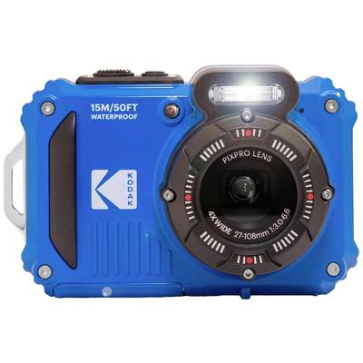 Eine blaue, wasserdichte Kodak-Kamera mit 15M/50FT Angabe. Hauptlinse mit 'PIXPRO LENS' und '4XWIDE 27-108mm' Beschriftungen.