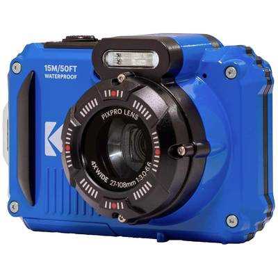 Blaue, wasserdichte Kamera mit Blitz und Objektivaufschrift 'Pixpro Lens 4X Wide 27-108mm'. Geeignet für bis zu 15m Wassertiefe.