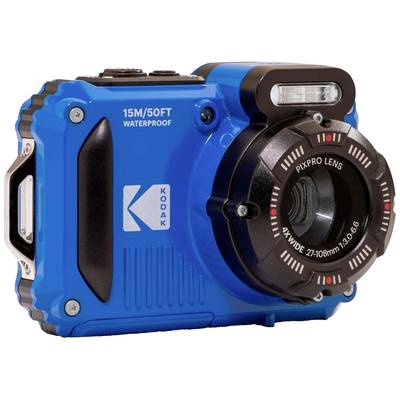 Blaue, wasserdichte Kamera mit der Aufschrift '15M/50FT Waterproof'. Sie verfügt über ein Pixpro-Objektiv und das Kodak-Logo.