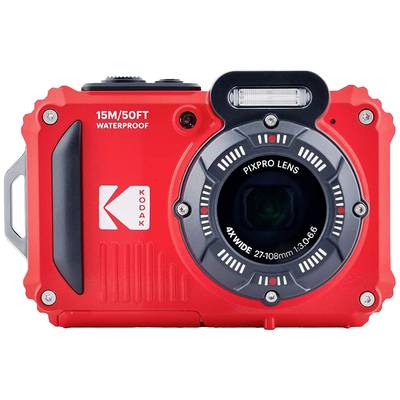 Rote, wasserdichte Digitalkamera mit 'PIXPRO LENS', geeignet für Aufnahmen bis 15 Meter Tiefe.