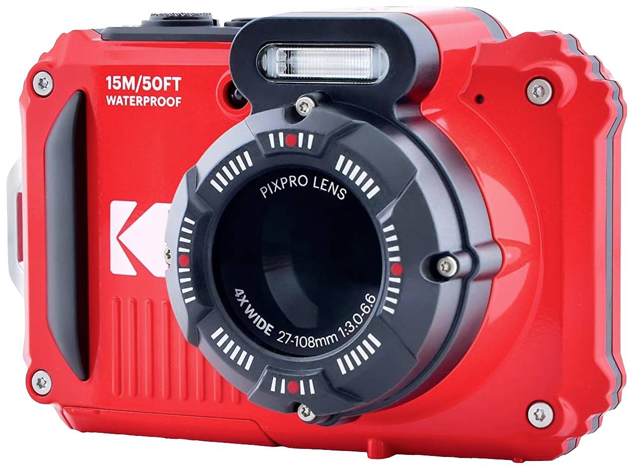 Rote, wasserdichte Digitalkamera mit Blitz und 4X Weitwinkelobjektiv, geeignet für Unterwasserfotografie bis zu 15 Metern Tiefe.