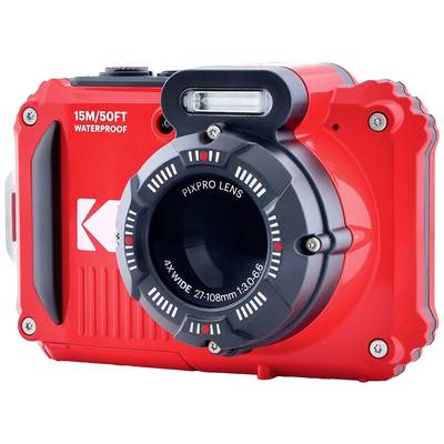 Rote, wasserdichte Digitalkamera mit Blitz und 4X Weitwinkelobjektiv, geeignet für Unterwasserfotografie bis zu 15 Metern Tiefe.