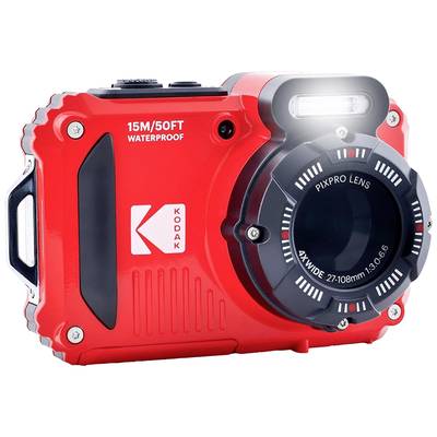 Rote wasserdichte Digitalkamera mit der Aufschrift '15M/50FT WATERPROOF', geeignet für Aufnahmen in nassen Umgebungen.