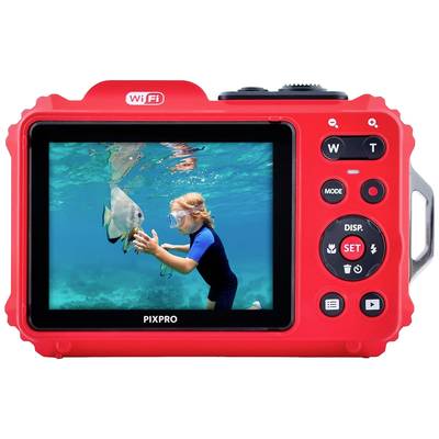 Rote Digitalkamera mit Display, das ein Kind zeigt, das unter Wasser schwimmt und einen Fisch ansieht. Kamera hat mehrere Bedienelemente.