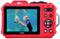 Rote Digitalkamera mit Display, das ein Kind zeigt, das unter Wasser schwimmt und einen Fisch ansieht. Kamera hat mehrere Bedienelemente.