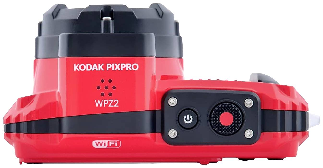 Rote Kodak PIXPRO WPZ2 Kamera, Vorderansicht. Zeigt Objektivgehäuse, Ein-/Ausschalter und Wi-Fi-Logo.