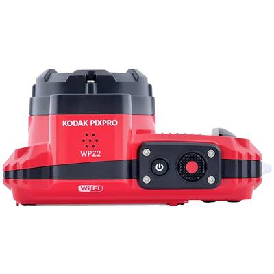 Rote Kodak PIXPRO WPZ2 Kamera, Vorderansicht. Zeigt Objektivgehäuse, Ein-/Ausschalter und Wi-Fi-Logo.