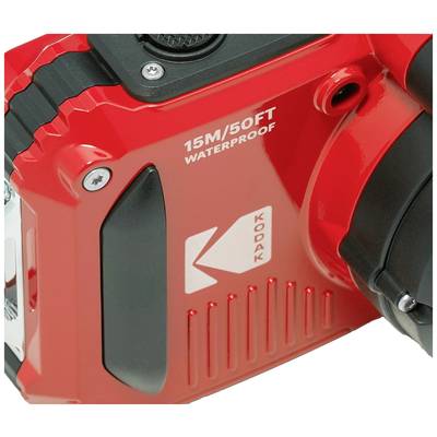 Eine rote, wasserdichte Kamera mit der Aufschrift '15M/50FT Waterproof' und dem Kodak-Logo auf der rechten Seite.