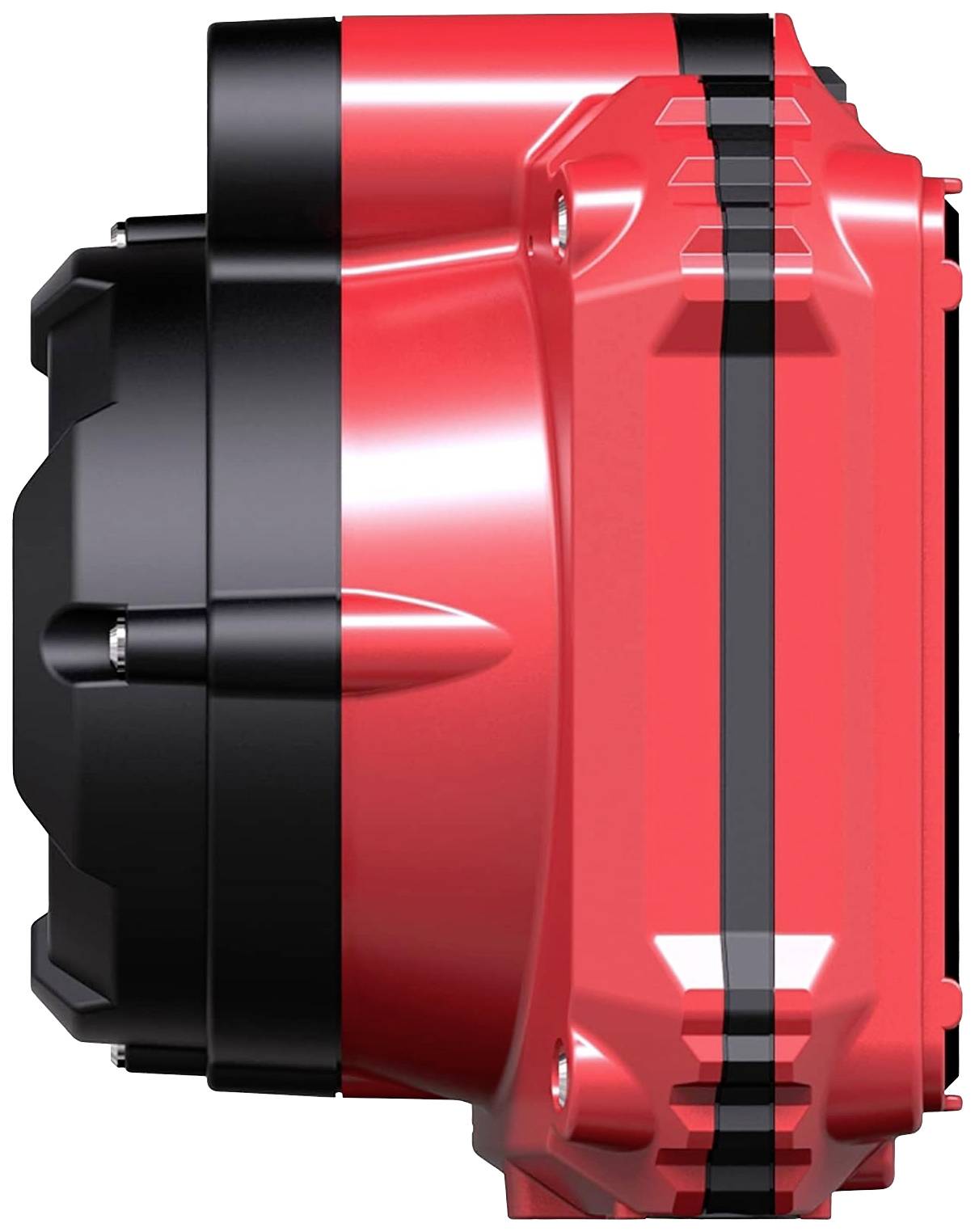 Rote und schwarze Gehäusekomponente mit geripptem Design, seitliche Ansicht. Technisches Bauteil mit robustem Aussehen.