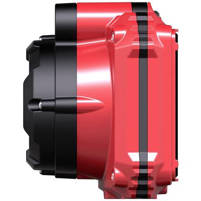 Rote und schwarze Gehäusekomponente mit geripptem Design, seitliche Ansicht. Technisches Bauteil mit robustem Aussehen.