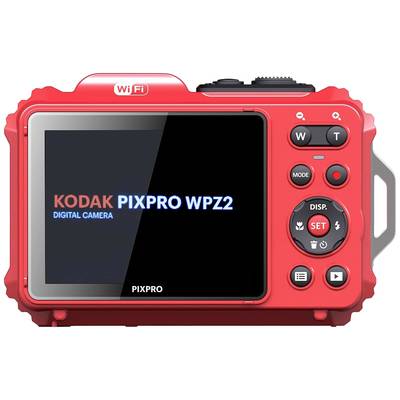 Rückseite einer roten Digitalkamera mit Display, auf dem 'KODAK PIXPRO WPZ2' steht. Es gibt Bedientasten für Einstellungen.