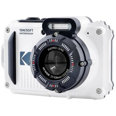 Eine wasserdichte Kamera ist abgebildet, geeignet für bis zu 15 Meter Tiefe, mit einem 4x Weitwinkelzoomobjektiv.