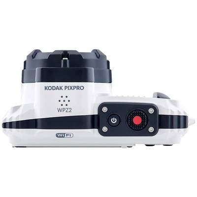Wasserdichte Action-Kamera Kodak Pixpro WPZ2 in Weiß mit WiFi-Unterstützung, Rückseite mit rotem Aufnahmeknopf und Ein/Aus-Schalter.