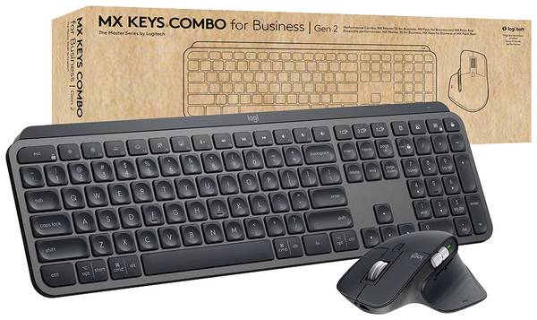 Logitech MX Keys Combo for Business - Gen 2 Bluetooth®, Funk Tastatur, Maus-Set Beleuchtet, Handballenauflage, Wiederaufladbar Deutsch, QWERTZ, Mac Schwarz