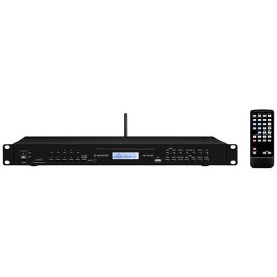 Audioplayer mit LED-Anzeige, Tastenbedienfeld und Fernbedienung. Gerät hat Anschlüsse und Antenne auf der Rückseite.