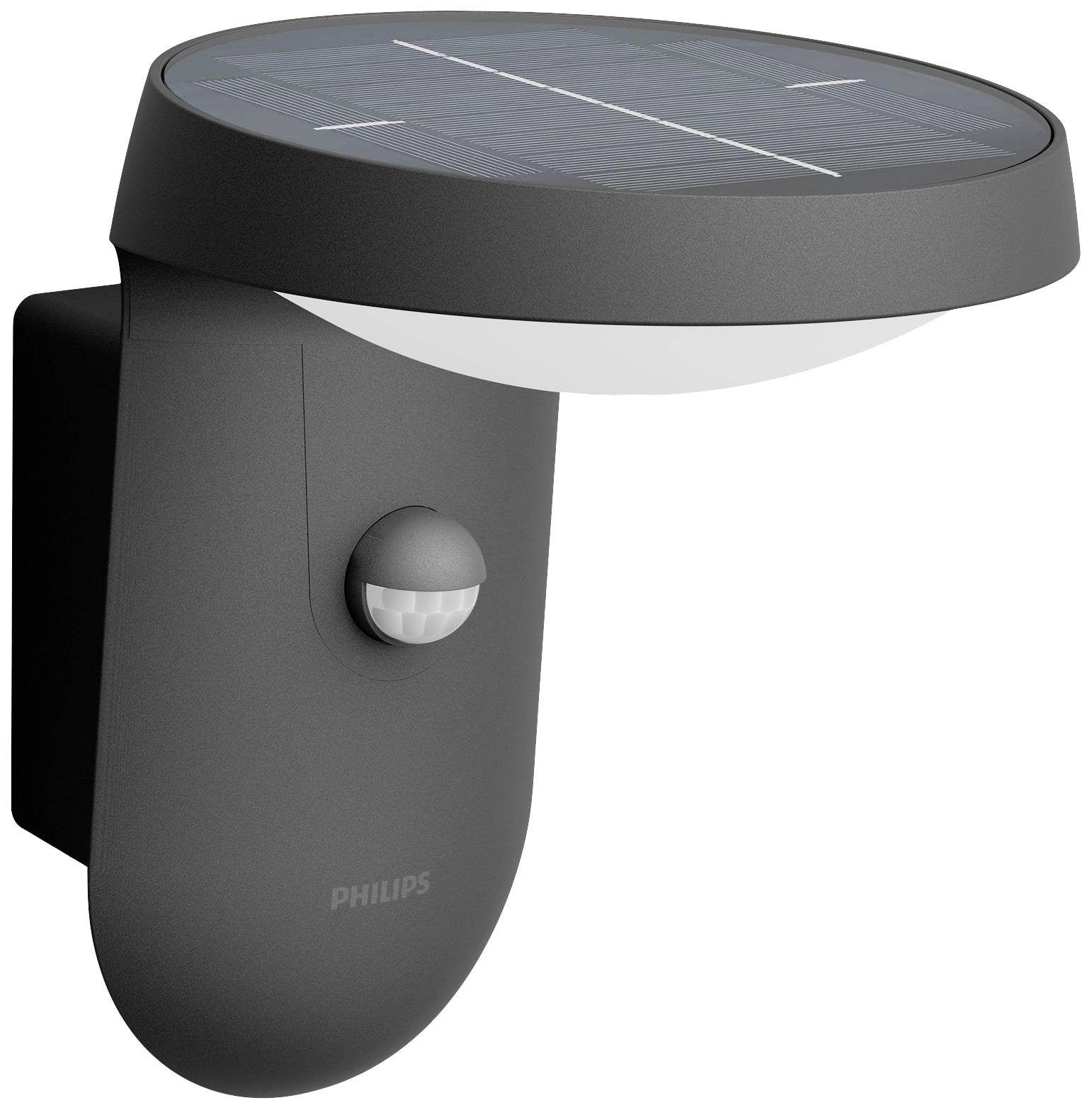 Eine schwarze Solarlampe mit Bewegungssensor zur Wandmontage; oben befindet sich ein Solarpanel, unten der Leuchtkörper.