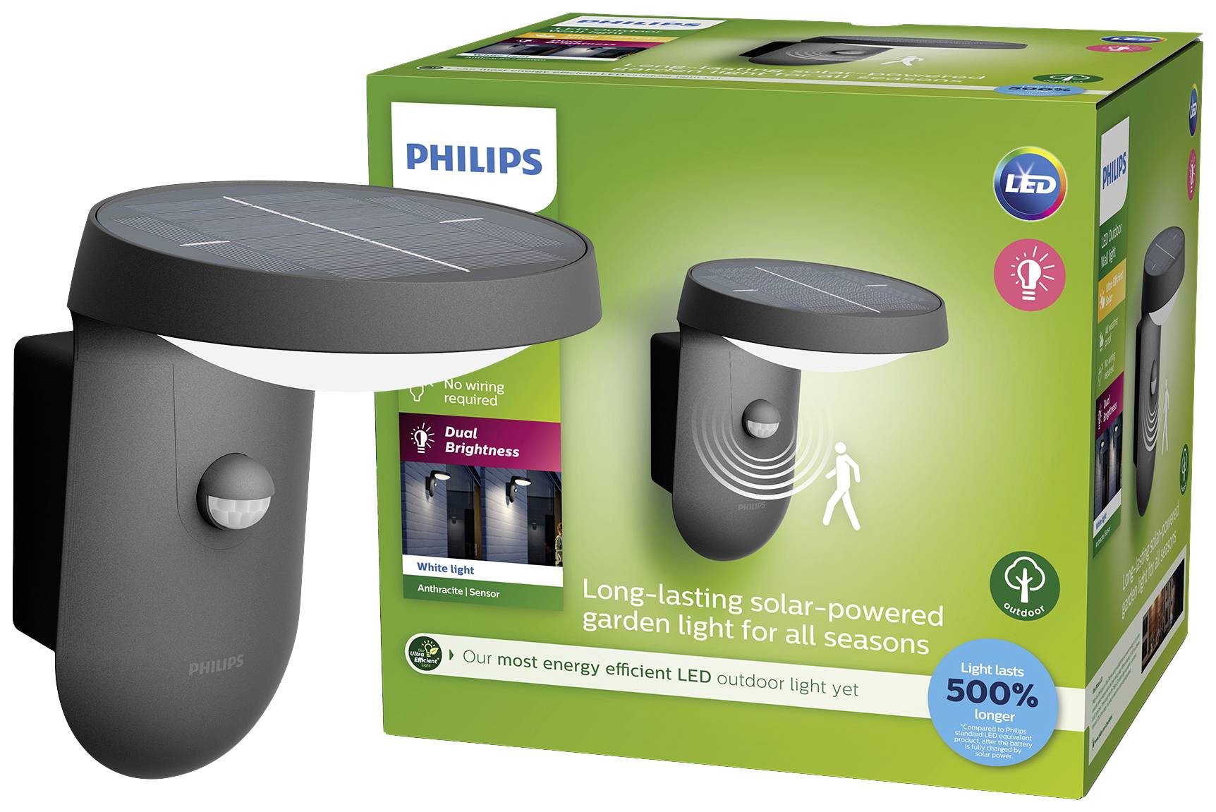 Eine Philips Solarbetriebene Gartenleuchte in der Verpackung. Das Produkt verspricht lange Haltbarkeit und 50 % weniger Energieverbrauch.