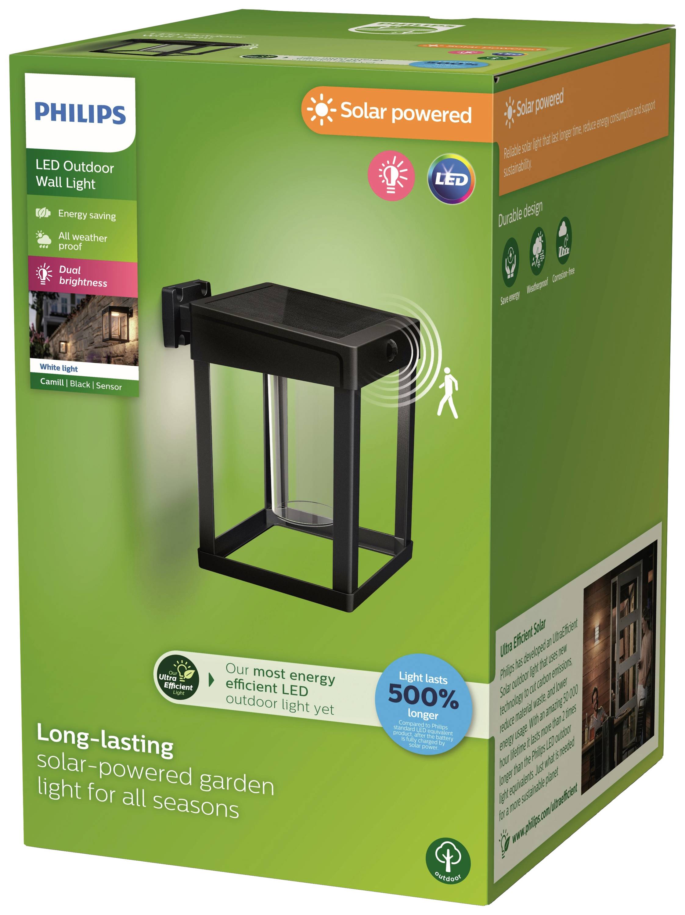 'Philips LED-Wandleuchte' Verpackung. Funktioniert mit Solarenergie, für den Außenbereich, energiesparend. Bild der Lampe an Wand.