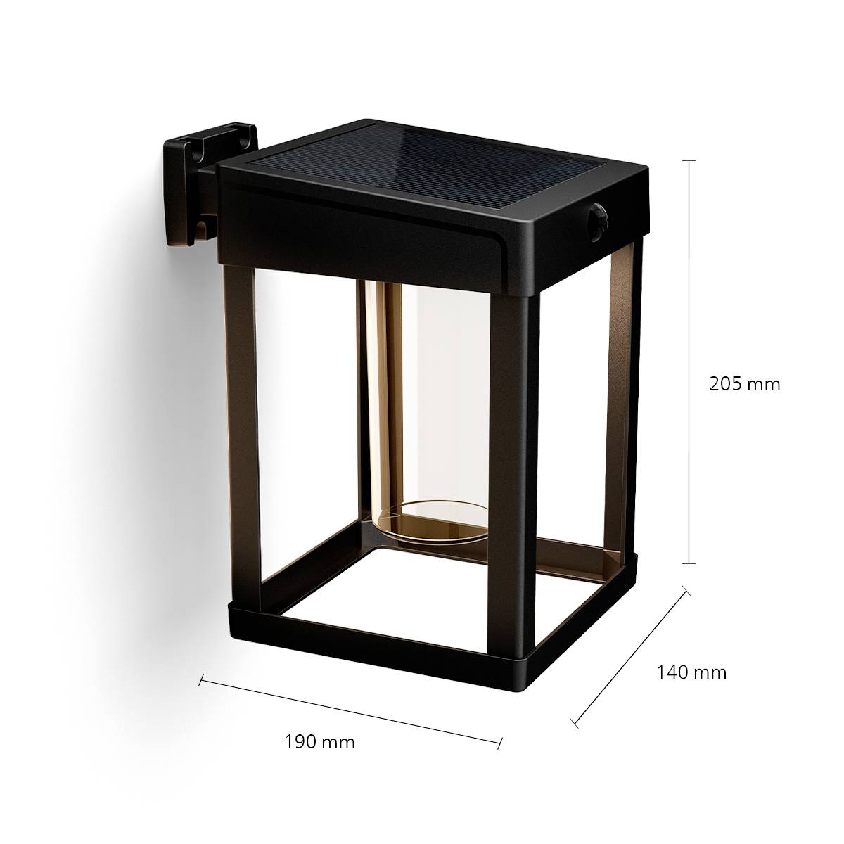 Wandlampe mit Solarpanel, schwarzes Gehäuse, 205 mm hoch, 140 mm tief, 190 mm breit, geeignet für Außenbereich.
