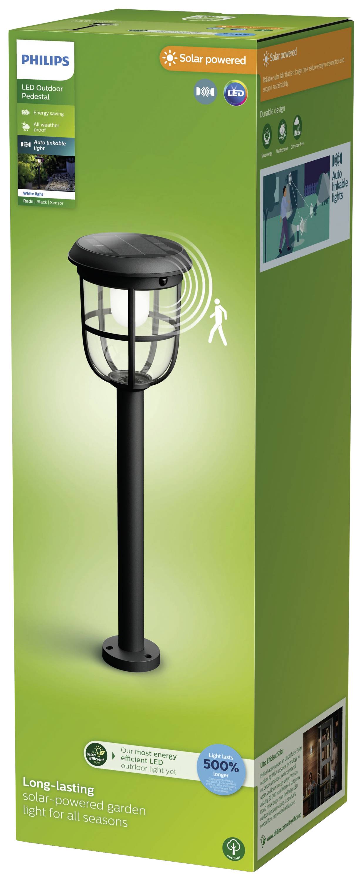 Verpackung einer solarbetriebenen LED-Gartenlampe mit Bewegungssensor. Markenname und Produktdetails auf grünem Hintergrund.