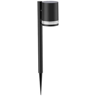 Schwarze Solar-Gartenlampe mit spitzem Standfuß zur Befestigung im Boden. Zylindrische Form mit transparentem Ring unterhalb des Solarpanels.