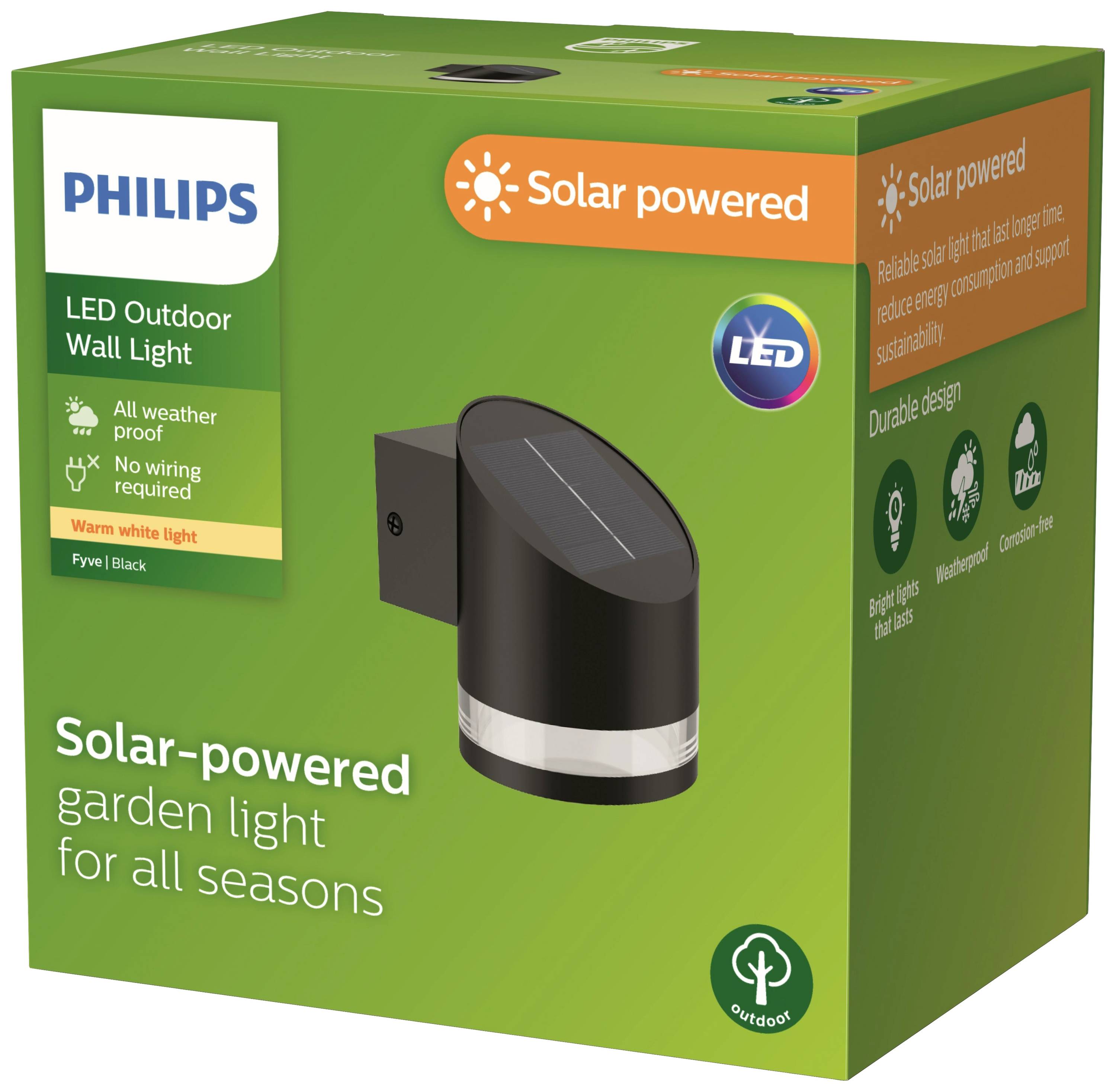 Verpackung einer solarbetriebenen Gartenlampe von Philips. Enthält LED-Licht, ist wetterfest und benötigt keine Verkabelung.
