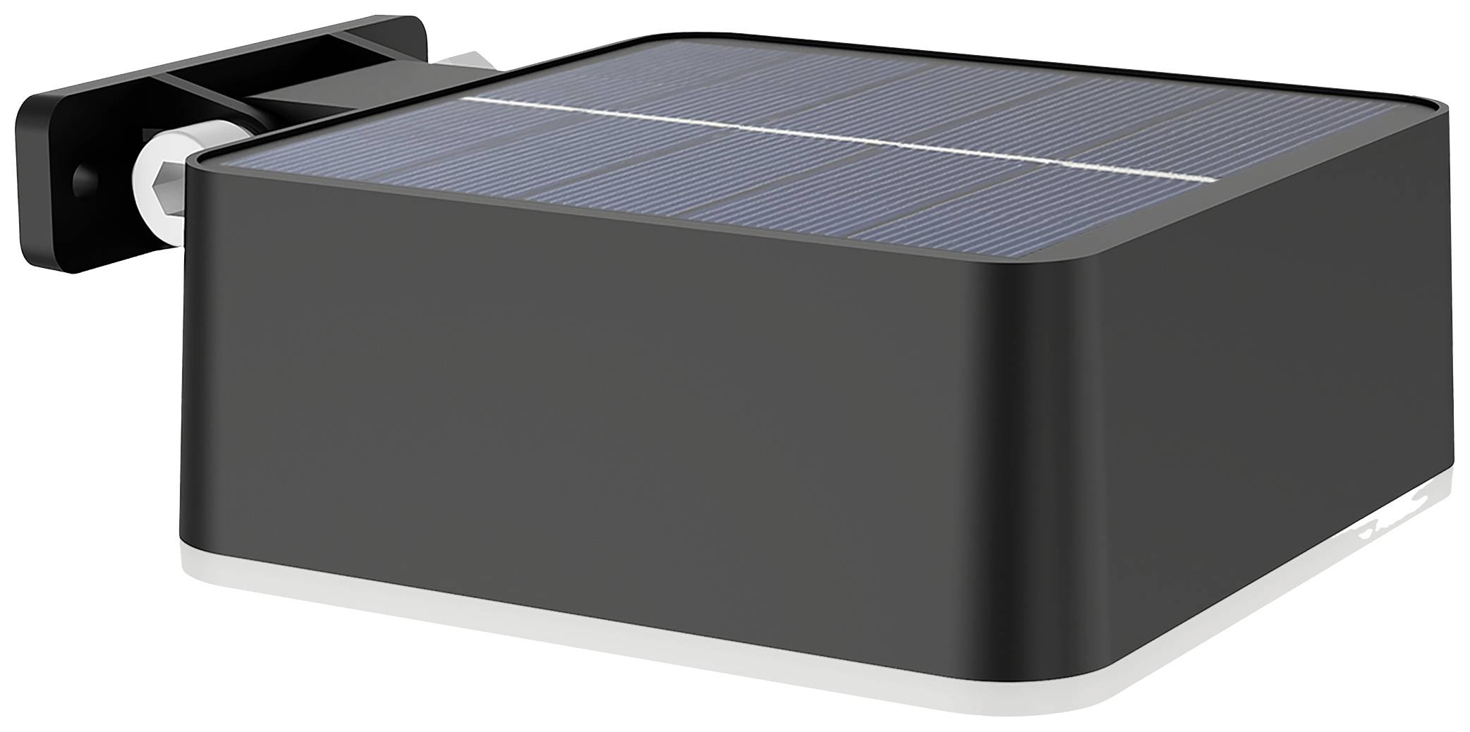 Schwarzes rechteckiges Solarpanel mit Befestigungsarm, zur nachhaltigen Energieerzeugung an Gebäudewänden oder Laternenmasten montierbar.