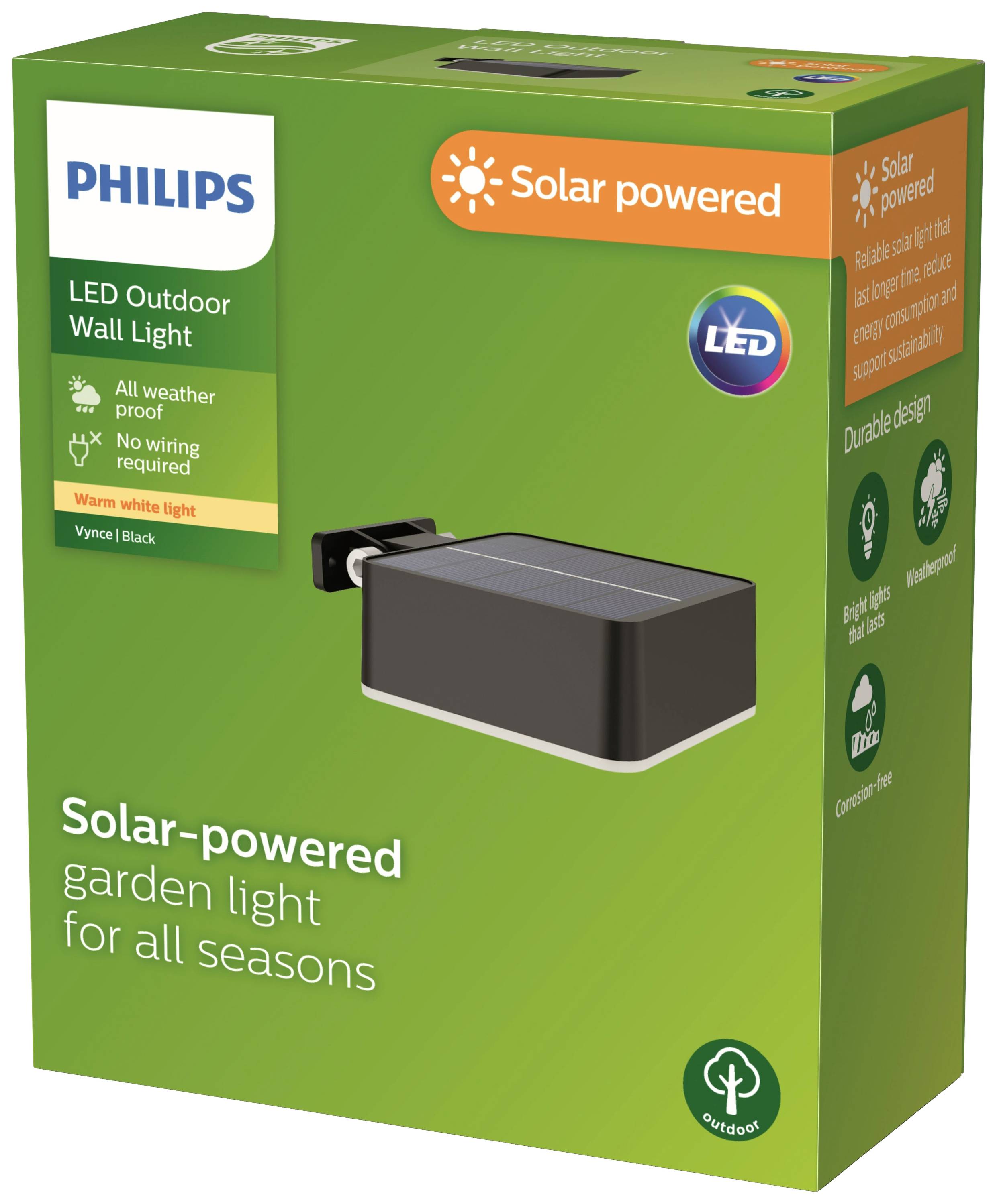 'Philips LED Außenwandleuchte, solarbetrieben, wetterfest. Warmweißes Licht, kein Verkabelungsaufwand. Schwarzes Design.'