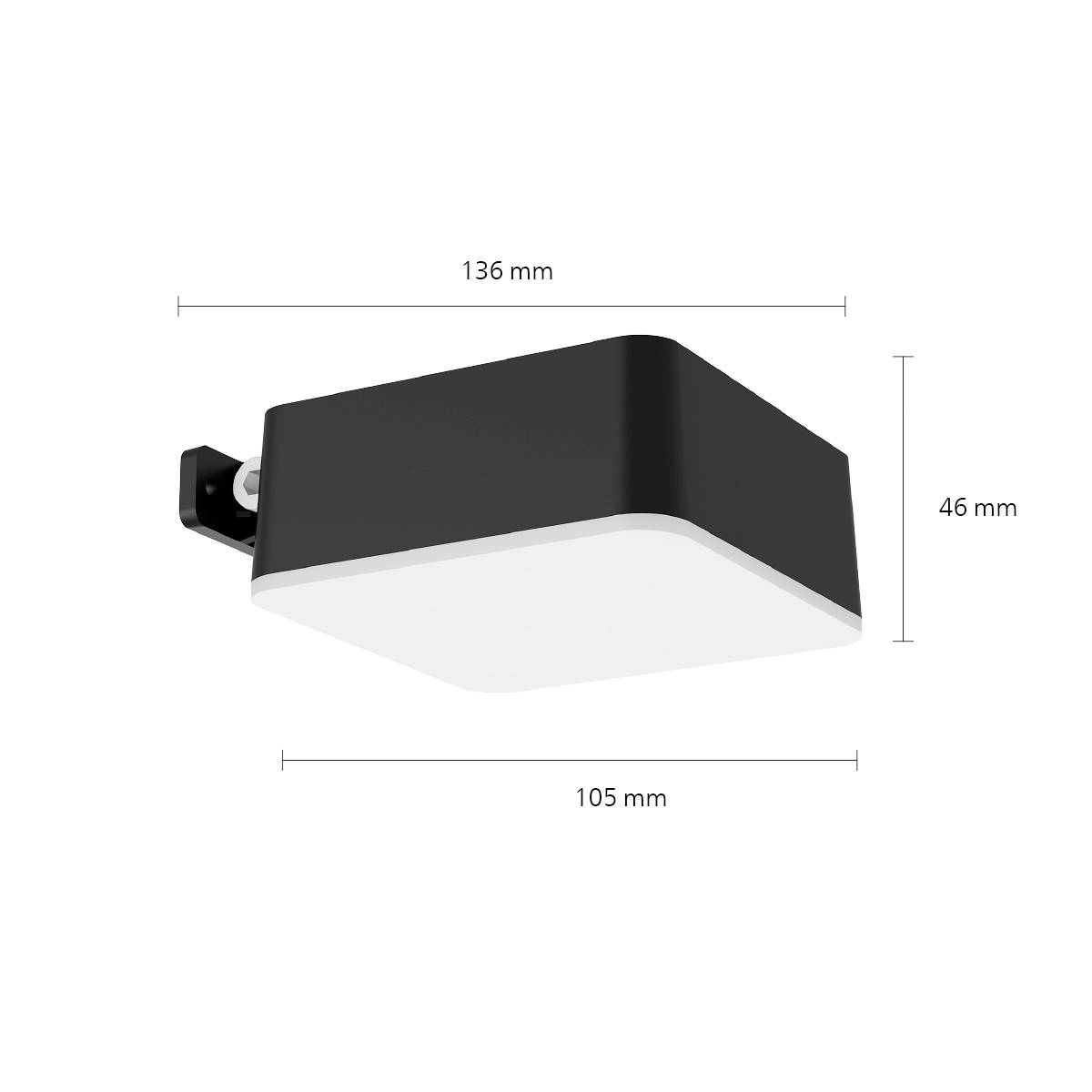 Schwarze rechteckige Deckenleuchte, 136 mm lang, 105 mm breit und 46 mm hoch. Seitenansicht mit Wandhalterung sichtbar.