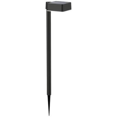 Eine schwarze Solarleuchte mit langem Stab und quadratischem Lampenkopf. Sie ist zum Einstecken in den Boden gedacht.