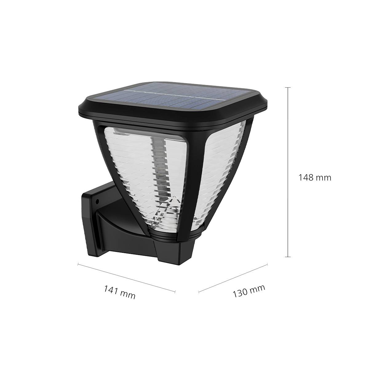Solarbetriebene Außenlampe mit transparentem, geriffeltem Glas und schwarzem Gehäuse. Maße: 141 mm Breite, 130 mm Tiefe, 148 mm Höhe.