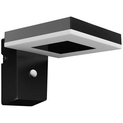 Eine moderne, schwarze Außenwandleuchte mit weißem LED-Lichtstreifen und integriertem Bewegungssensor, montiert an einer Wandhalterung.