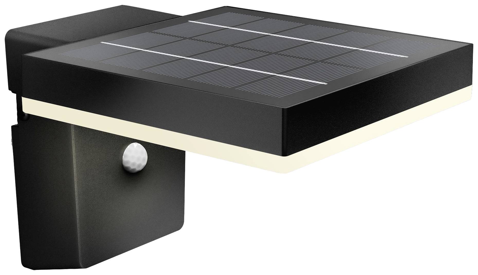 Schwarz-graue Solarleuchte mit rechteckigem Solarpanel und integriertem Bewegungsmelder, zur Wandmontage im Außenbereich geeignet.