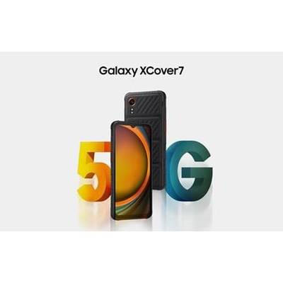 Zwei Samsung Galaxy XCover7-Smartphones vor großen 3D-Buchstaben '5G', die Robustheit und moderne Konnektivität betonen.