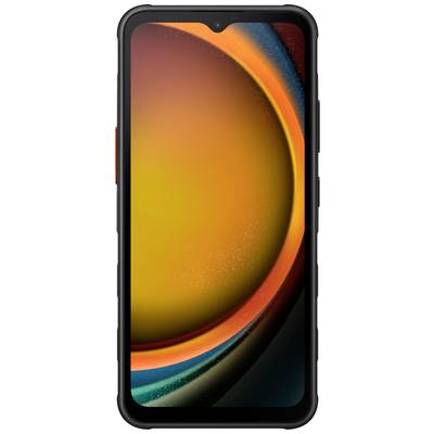 Smartphone mit robustem schwarzem Gehäuse, orange Details an den Seiten. Der Bildschirm zeigt ein farbenfrohes, abstraktes Motiv.